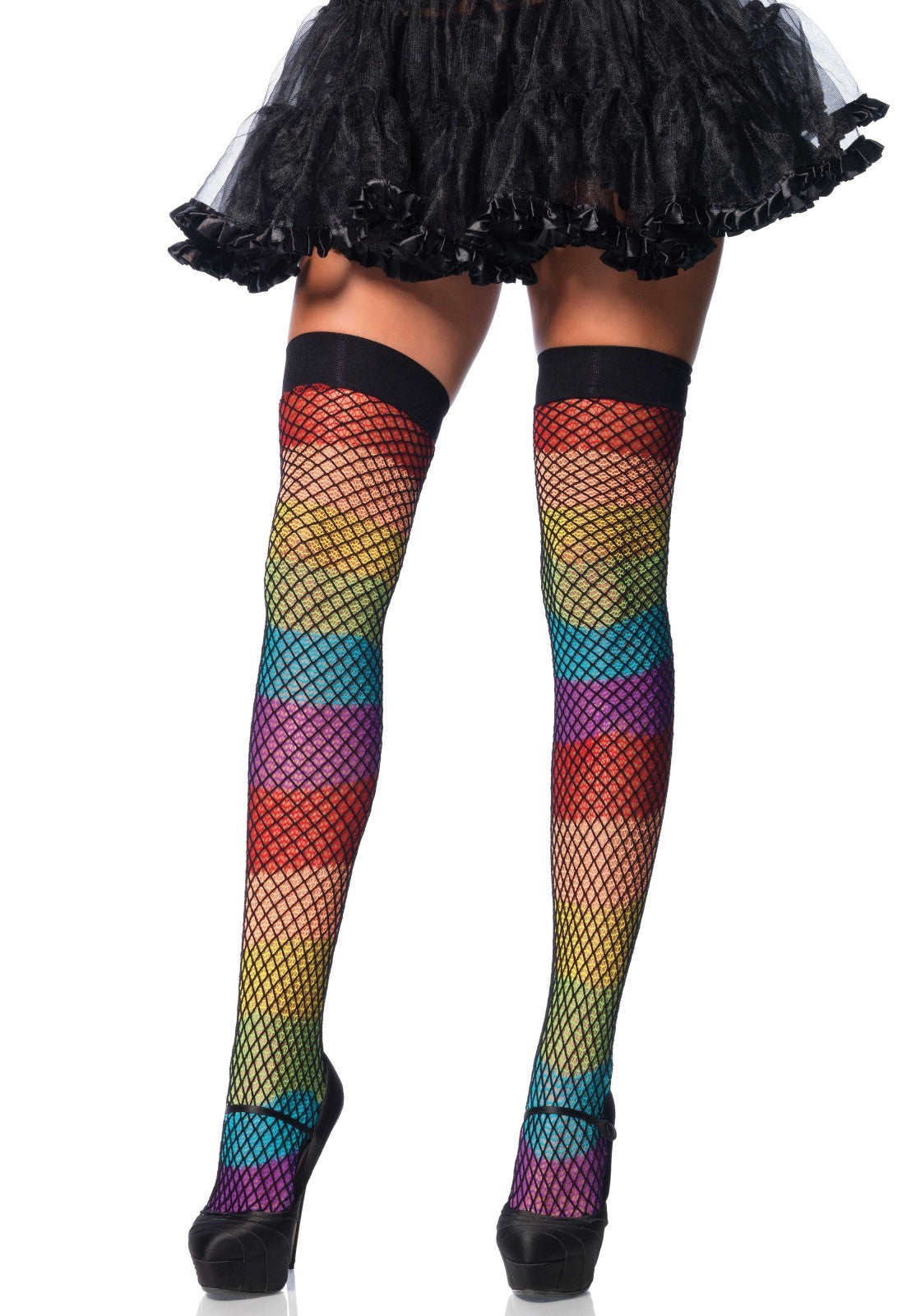 RAINBOW THIGH HIGHS WITH FISHNET OVERLAY