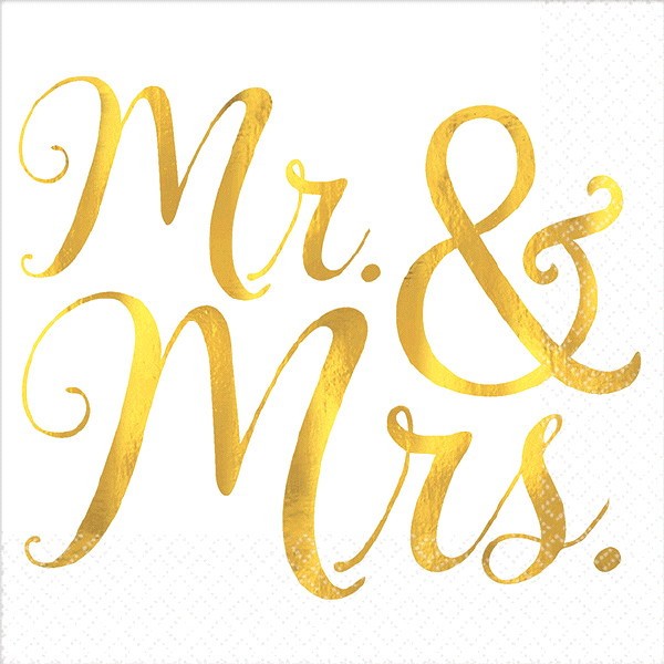 Gold Foil Print Napkins "Mr. & Mrs." - 16 Pcs