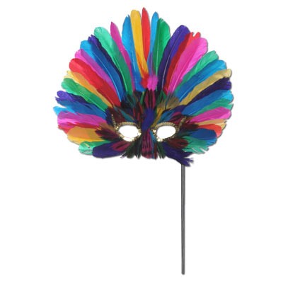 FEATHER MASK WITH STICK MULTI COLOURED